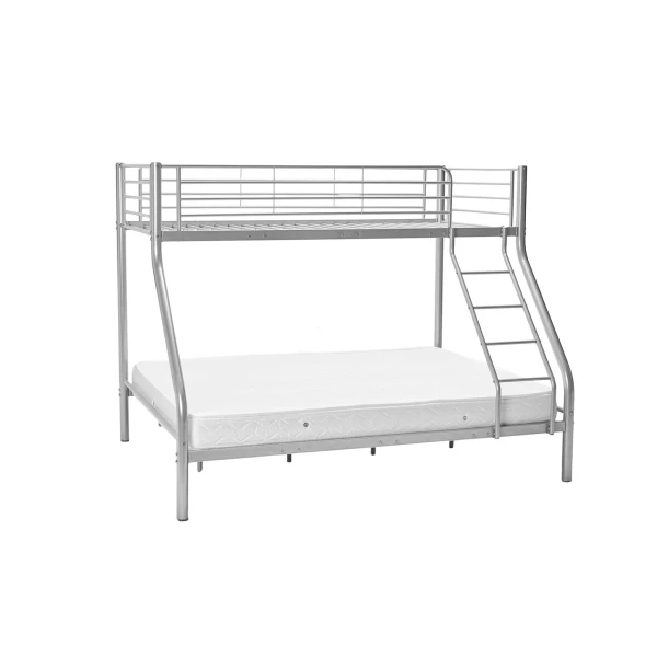 Double metal bunk bed with a 140 x 190 and a 90 x 190 bed. Sleeps 3. Comes with ladder and fall protection.