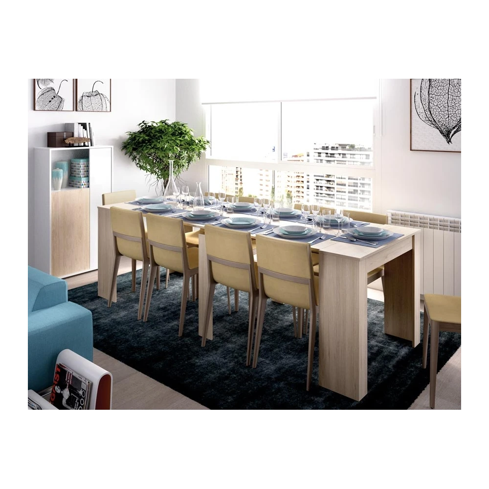 Extendable table with 5 positions. Adaptable table. From desk to dining table for 2 to 10 guests. Easy storage. Ideal for guests