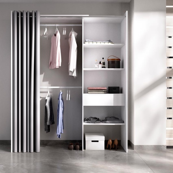 Open wardrobe with drawer and modern curtain. 2 hanging bars. 4 shelves. Open cabinet with curtain.