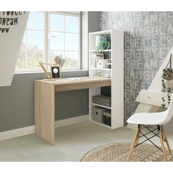 Desk with vertical bookshelf featuring 5 shelves