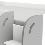 High loft bed for teens with a pull-out desk on wheels and shelving. Practical and modern.