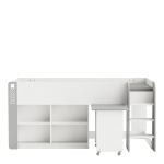 High loft bed for teens with a pull-out desk on wheels and shelving. Practical and modern.
