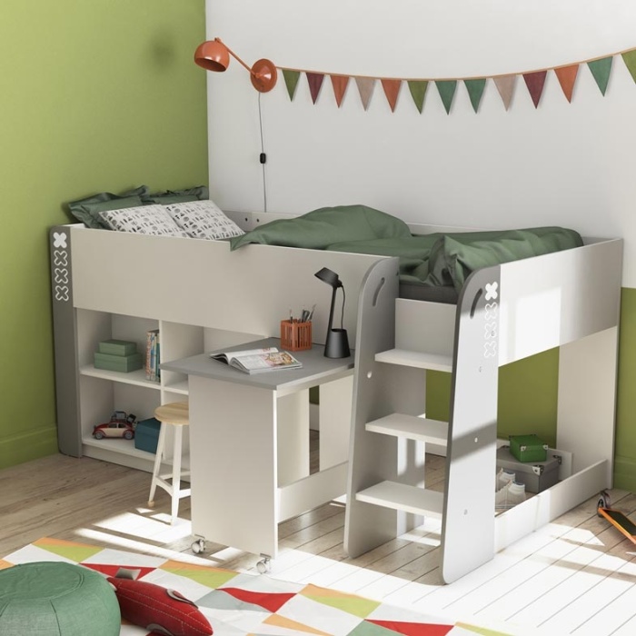 High loft bed for teens with a pull-out desk on wheels and shelving. Practical and modern.