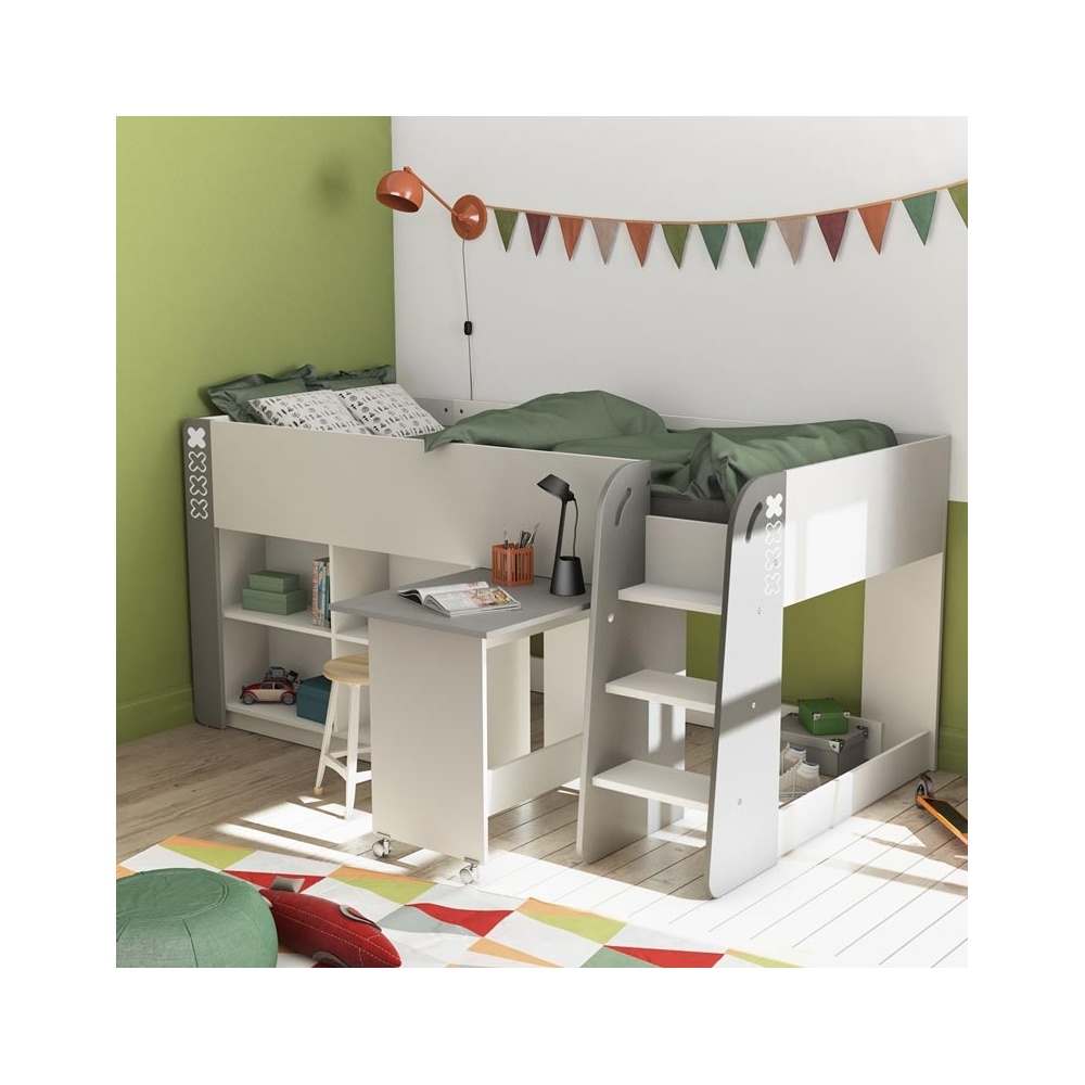 High loft bed for teens with a pull-out desk on wheels and shelving. Practical and modern.