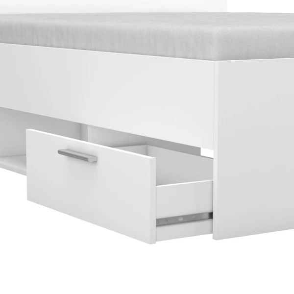 Double bed with headboard, lower drawers and shelf. 140 x 190 cm. Modern and functional bed.