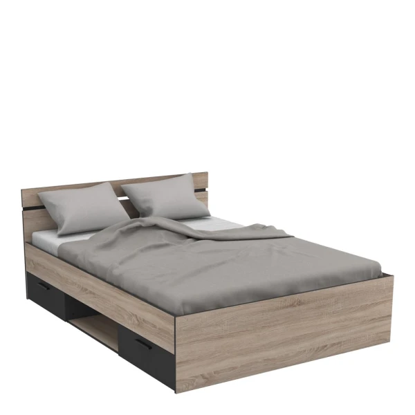 Double bed with headboard, lower drawers and shelf. 140 x 190 cm. Modern and functional bed.
