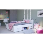 Double bed with headboard, lower drawers and shelf. 140 x 190 cm. Modern and functional bed.