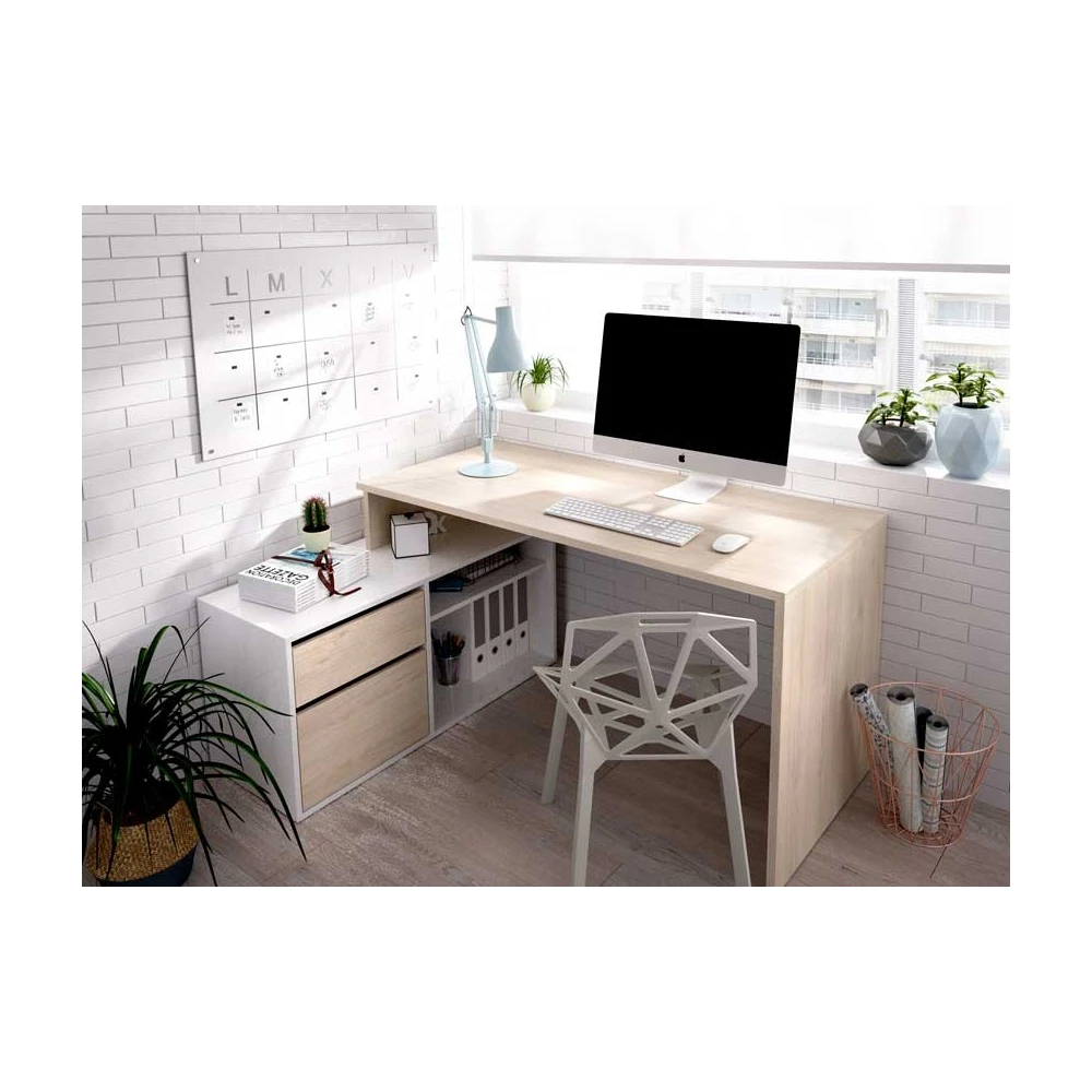 L-shaped desk with drawers and shelves