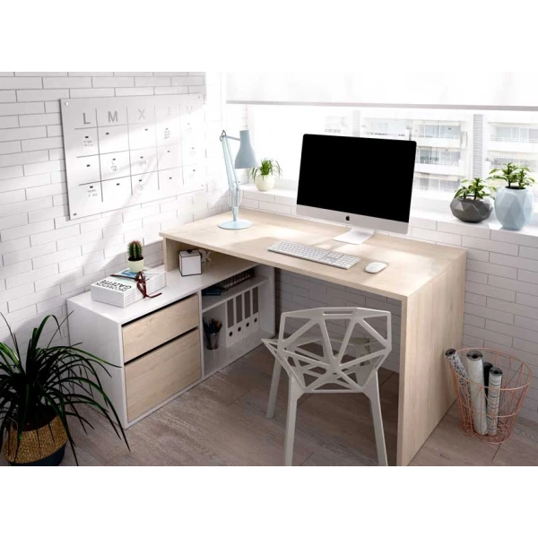 L-shaped desk with drawers and shelves