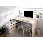 L-shaped desk with drawers and shelves