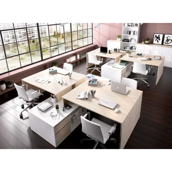 L-shaped desk with drawers and shelves