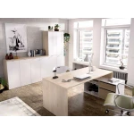 L-shaped desk with drawers and shelves