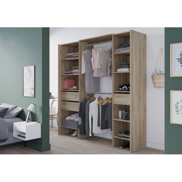 Open wardrobe measuring 192 x 50 cm with 2 bars, 3 drawers, and 9 shelves. Great storage capacity