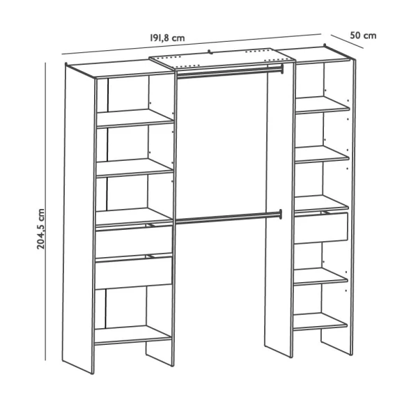 Open wardrobe measuring 192 x 50 cm with 2 bars, 3 drawers, and 9 shelves. Great storage capacity