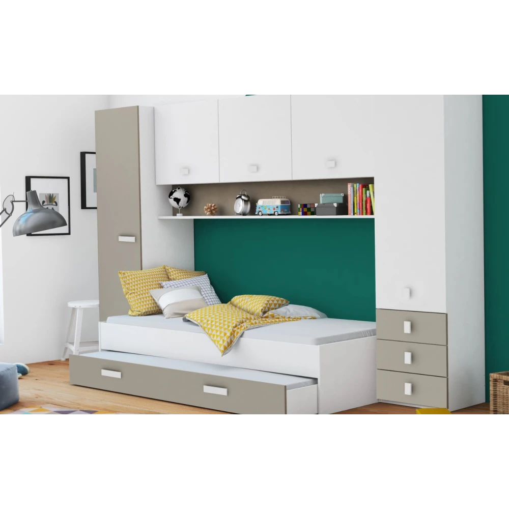 Full youth Bedroom furniture. Includes bed, wardrobes, 3 drawers, and a shelf. Functional. Great value for money. 