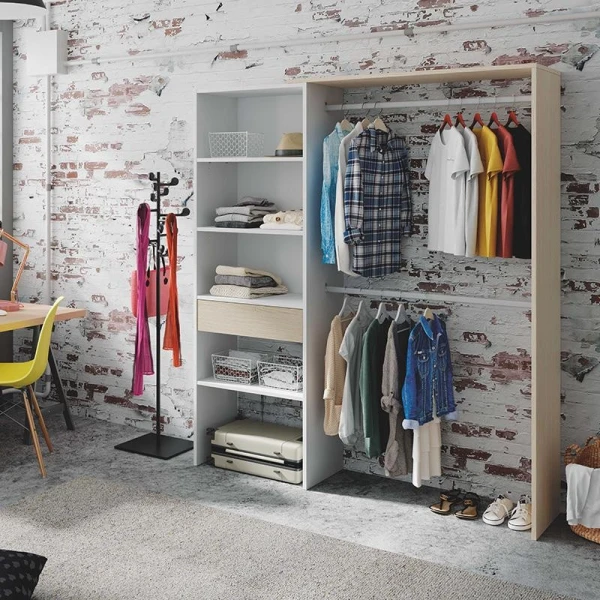 Wardrobe with hanging rails and drawers