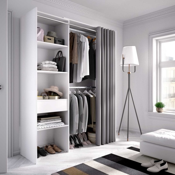 Open wardrobe with drawer and modern curtain. 2 hanging bars. 4 shelves. Open cabinet with curtain.