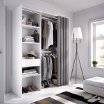 Open wardrobe with drawer and modern curtain. 2 hanging bars. 4 shelves. Open cabinet with curtain.