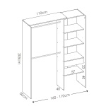 Open wardrobe with drawer and modern curtain. 2 hanging bars. 4 shelves. Open cabinet with curtain.