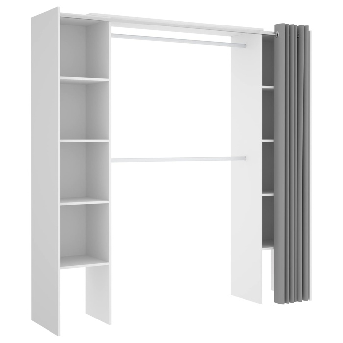 Open wardrobe with 2 columns and curtain. 2 hanging bars. 10 shelves. Adjustable size.
