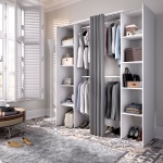 Open wardrobe with 2 columns and curtain. 2 hanging bars. 10 shelves. Adjustable size.