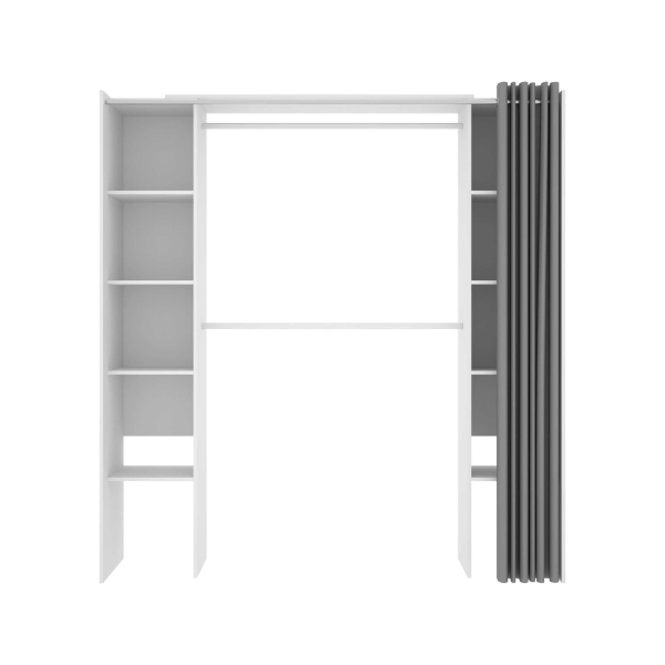 Open wardrobe with 2 columns and curtain. 2 hanging bars. 10 shelves. Adjustable size.