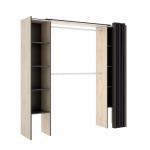 Open wardrobe with 2 columns and curtain. 2 hanging bars. 10 shelves. Adjustable size.