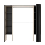 Open wardrobe with 2 columns and curtain. 2 hanging bars. 10 shelves. Adjustable size.