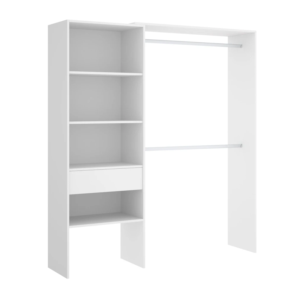 Open wardrobe with 2 bars, drawer and 4 shelves. Open wardrobe adjustable in size.