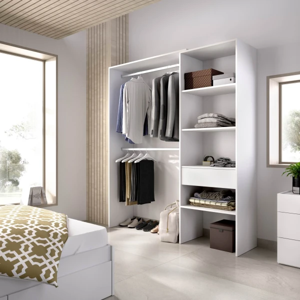 Open wardrobe with 2 bars, drawer and 4 shelves. Open wardrobe adjustable in size.