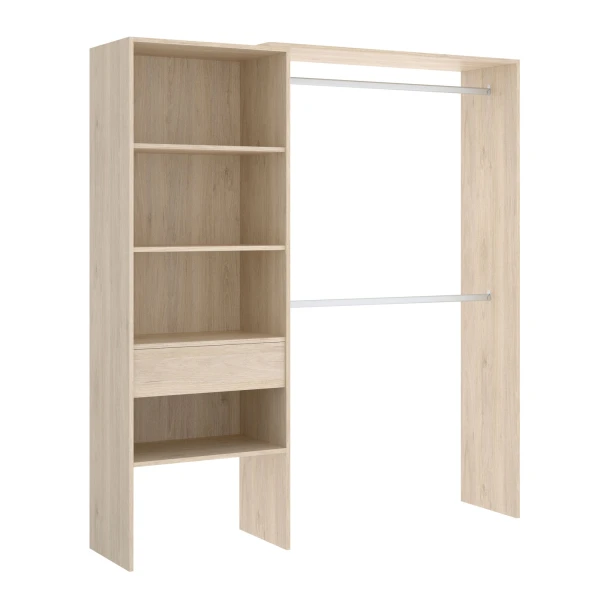 Open wardrobe with 2 bars, drawer and 4 shelves. Open wardrobe adjustable in size.