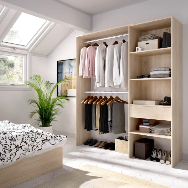 Open wardrobe with 2 bars, drawer and 4 shelves. Open wardrobe adjustable in size.