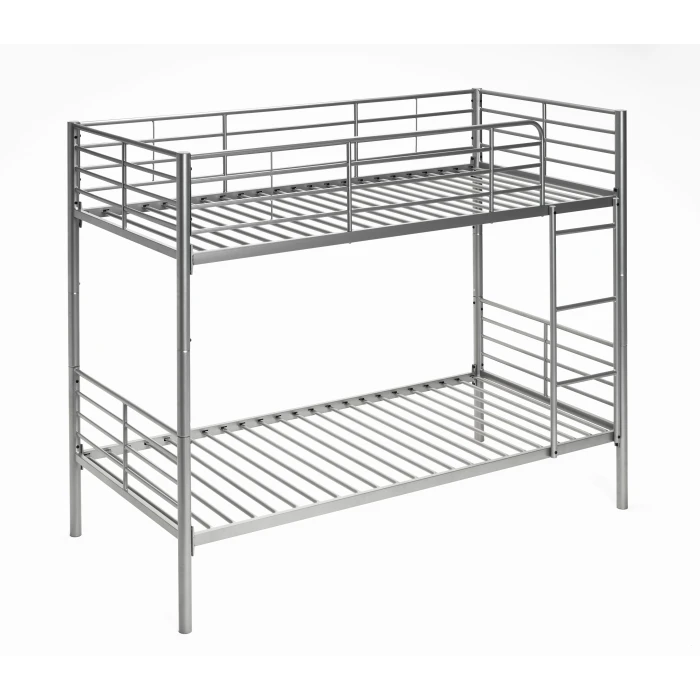 Practical and durable metal bunk bed. Divisible into 2 single beds. Ladder included. Full railing.
