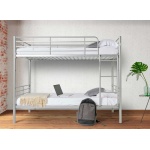 Practical and durable metal bunk bed. Divisible into 2 single beds. Ladder included. Full railing.