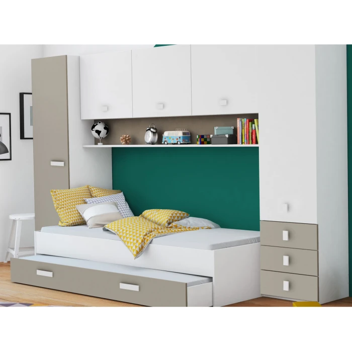 Full youth Bedroom furniture. Includes bed, wardrobes, 3 drawers, and a shelf. Functional. Great value for money. 