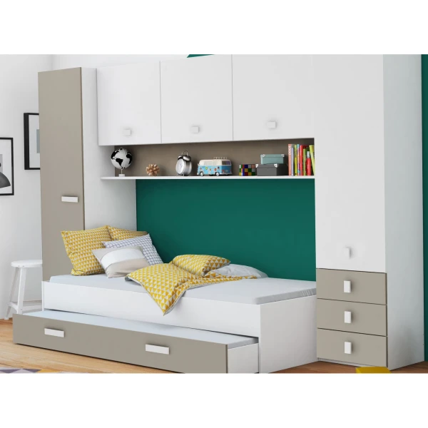 Full youth Bedroom furniture. Includes bed, wardrobes, 3 drawers, and a shelf. Functional. Great value for money. 