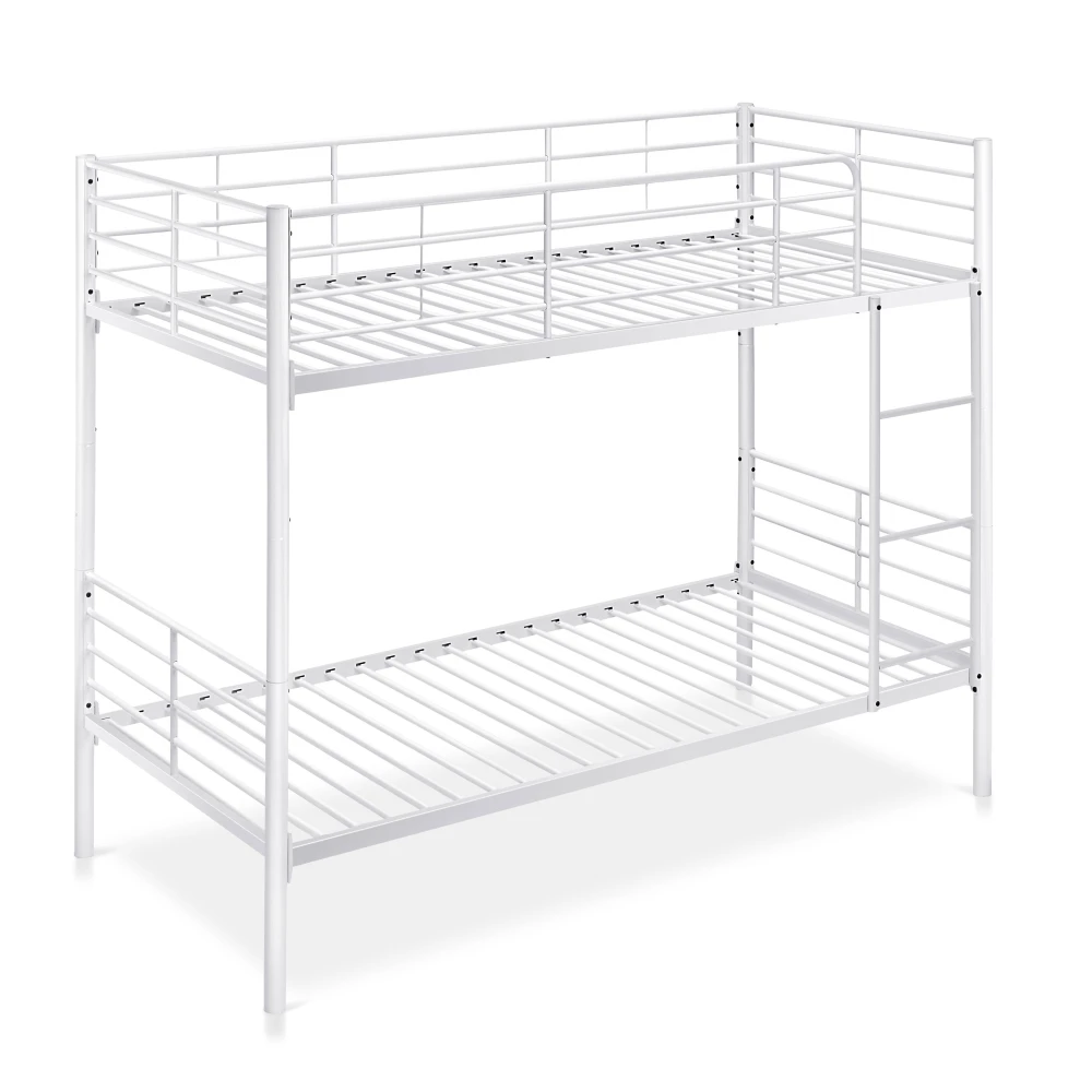 Practical and durable metal bunk bed. Divisible into 2 single beds. Ladder included. Full railing.