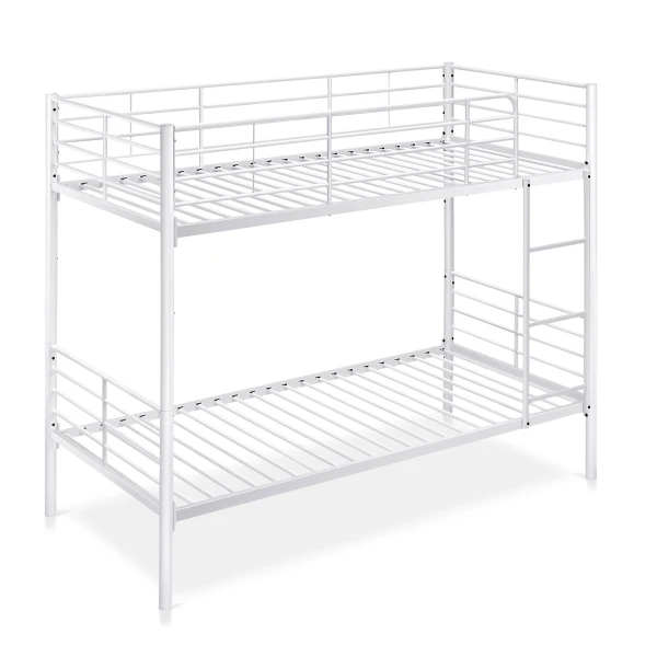Practical and durable metal bunk bed. Divisible into 2 single beds. Ladder included. Full railing.