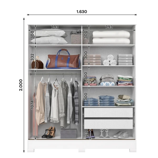 Bayron wardrobe with drawers, spacious interior, shelves and hanging rail