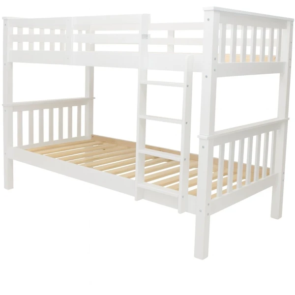 Front view of Minerva Vicawu wooden bunk bed with white frame and wooden slats for 90x190 mattress