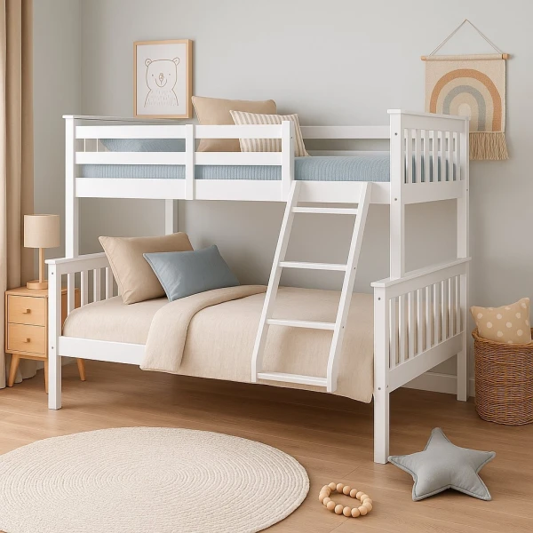 White wooden Arenas Vicawu matrimonial bunk bed in decorated bedroom with 90x190 top and 140x190 bottom mattresses