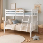White wooden Arenas Vicawu matrimonial bunk bed in decorated bedroom with 90x190 top and 140x190 bottom mattresses