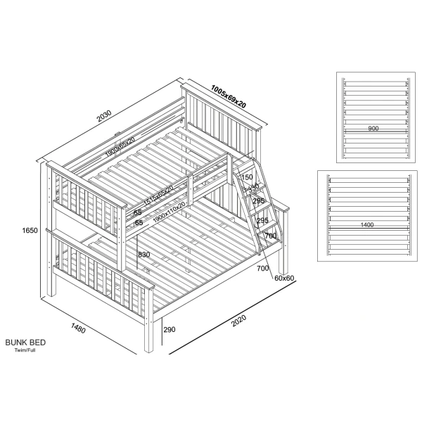 Technical diagram of the Arenas Vicawu wooden matrimonial bunk bed with full measurements