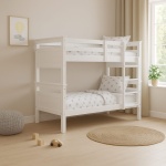 White Titan Vicawu wooden bunk bed 90x190 in decorated kids bedroom with soft lighting and cozy décor