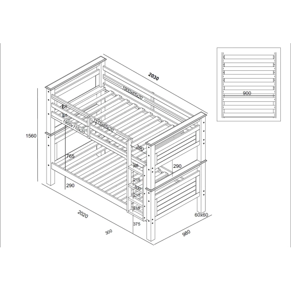 Technical drawing of Titan Vicawu wooden bunk bed 90x190 with full measurements and structural details