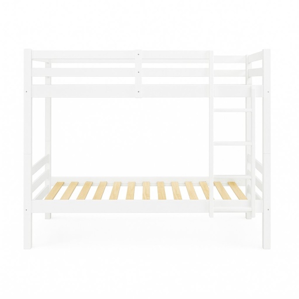 Front view of white Atlas Vicawu wooden bunk bed with slatted base, clean design and solid structure