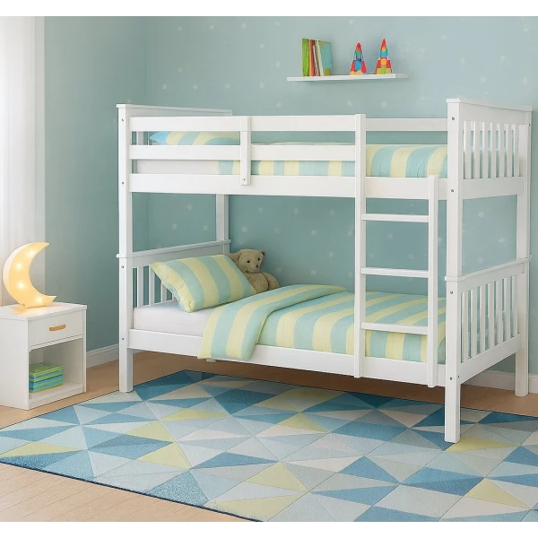 Minerva Vicawu wooden bunk bed in decorated bedroom with top and bottom beds dressed in striped bedding