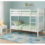 Minerva Vicawu wooden bunk bed in decorated bedroom with top and bottom beds dressed in striped bedding
