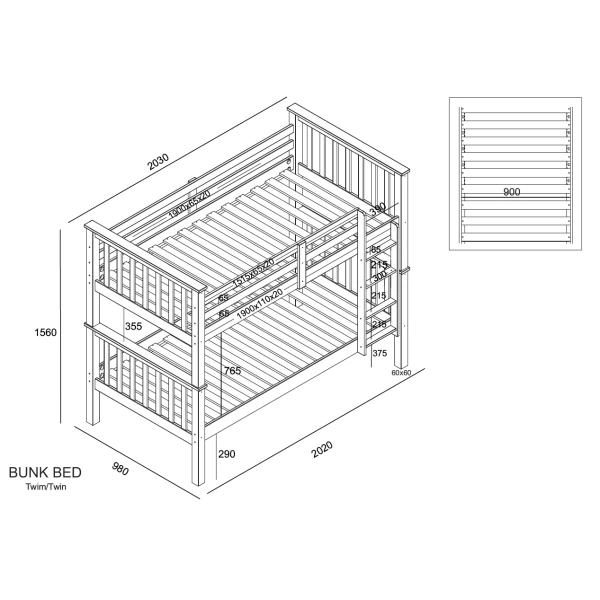 Technical diagram of Minerva Vicawu wooden bunk bed with full measurements and slatted frame specifications