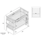 Technical diagram of Minerva Vicawu wooden bunk bed with full measurements and slatted frame specifications